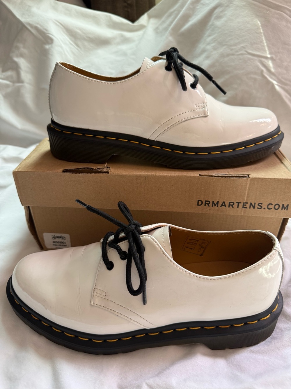 Dr. Martens White Patent 3-Eye Oxford Shoes with Black Laces